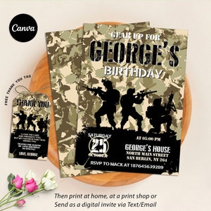 Military Party Invitations, Army Birthday Invitation, Soldier Birthday Invitation, Military Invite, Editable Canva Invitation