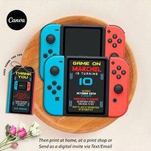 Invito di compleanno per videogiochi, biglietto d'invito, biglietto d'invito per videogiochi, invito di compleanno per videogiochi, videogioco stampabile, modificabile in Canva