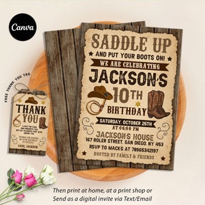 Editale Western Einladung, Country Western Geburtstagseinladung, Holz, Cowboyhut und Lasso, Cowboy-Geburtstagsfeier, Instant Download