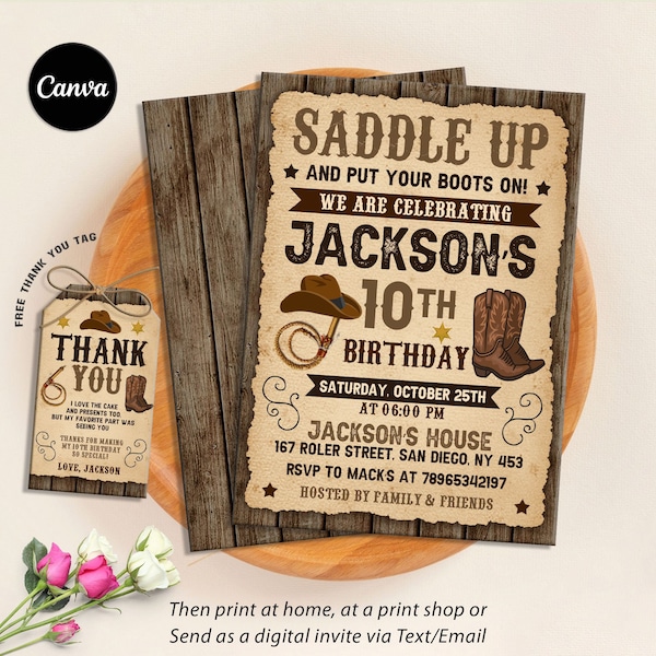 Editale Western Invitation, Country Western Birthday Invitation, Wood, Cowboy Hat and Lasso, Cowboy Birthday Party, Instant Download