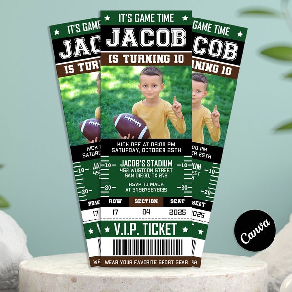 Football Ticket Geburtstagseinladung, American Football Ticket einladen mit Foto, Party im Sportticket-Stil, bearbeitbare druckbare Einladung