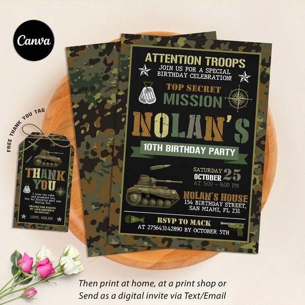 Editable Army Invitation, Army Birthday Party Invitation, Military Party , Soldier Birthday Invitation, Camo Invitation, Editable Printable