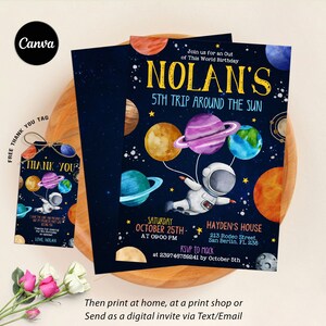 Modello di invito per compleanno nello spazio esterno, invito per astronauta con razzo spaziale, invito per esplosione galattica, modificabile in Canva