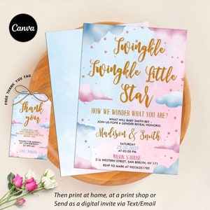 Twinkle Twinkle Little Star Gender Reveal Invitation, Gold Moon and Stars Gender Reveal Party Invite Template, He Or She, Boy Or Girl