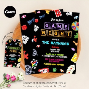 Convite editável para noite de jogos, noite de jogos em família, jogo de tabuleiro, convite para festa em casa, arquivo digital, download instantâneo