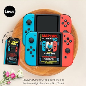 Videospiel Geburtstagseinladung, Einladungskarte, Videospiel einladen Karte, Videospiel Geburtstag einladen, Videospiel druckbar, bearbeitbar in Canva