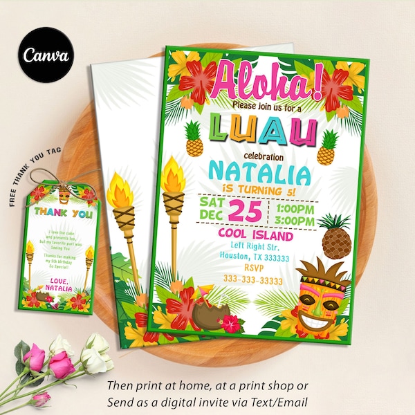 Editable Luau Invitation, Luau Birthday Invitation, Luau Party Invitations, Hawaiian Luau Party, Instant Download, Digital Canva