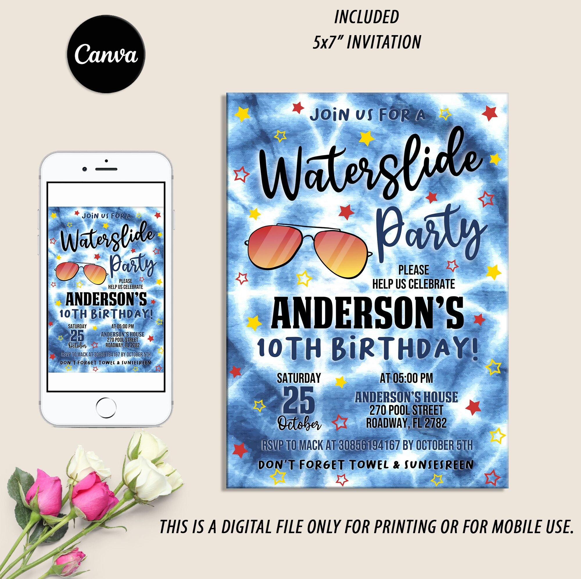 Editable Waterslide Invitation, Waterslide Birthday Invitation, Tie Die ...