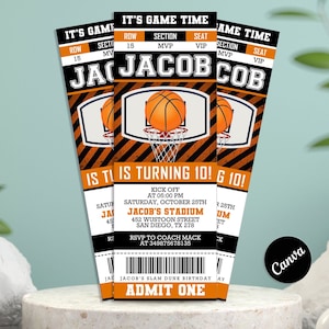 Faire-part de basket-ball - Invitation de fête de style billet de sport - TOUT âge - Invitation imprimable numérique modifiable - Modifiable sur Canva