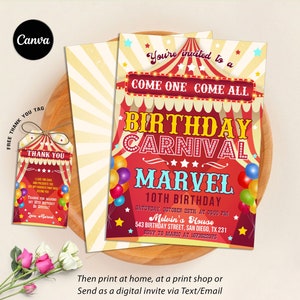 Faire-part Carnaval cirque, Faire-part de fête d'anniversaire carnaval, Faire-part cirque, Faire-part carnaval, modifiable sur Canvas