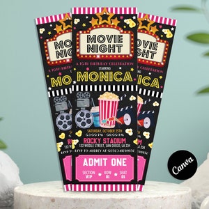 Mädchen Kinokarte einladen, Filmabend Einladung, rosa Film-Geburtstagsfeier einladen, Kino-Geburtstag einladen, bearbeitbar in Canva