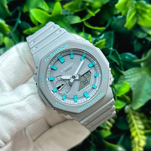 G Shock CasiOak &quot;Grey Sky&quot; - Grey/Blue Hand Painted Genuine Casio GA2100  - Optional Sapphire Crystal