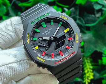 G Shock CasiOak "Rasta" - Rood/groen/geel Handgeschilderde originele Casio GA2100 - Optioneel saffierkristal