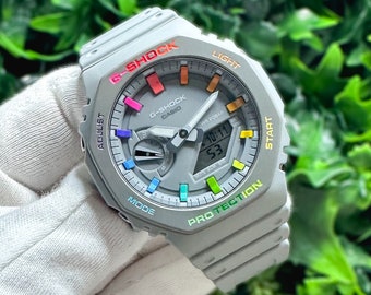 G Shock CasiOak "Rainbow Grey" - Grijs/regenboog Handgeschilderd Echte Casio GA2100 - Optioneel saffierkristal