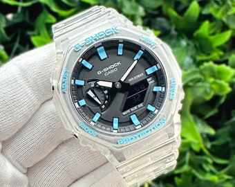 G Shock CasiOak "Sky Blue Jelly" - Helder/blauw handgeschilderde originele Casio GA2100 - Optioneel saffierkristal