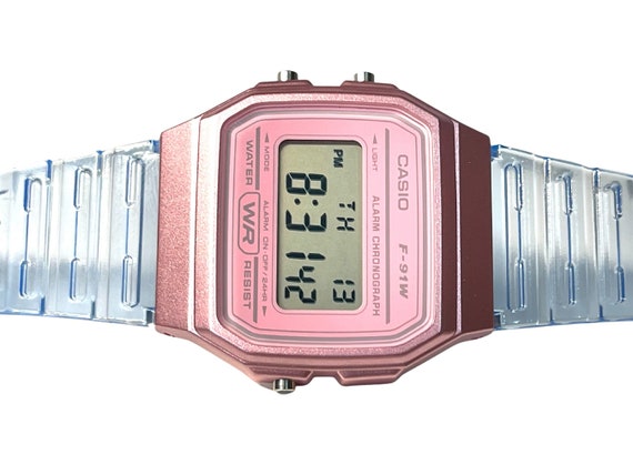 De hecho Entretenimiento club Reloj Casio rosa personalizado con correa de gelatina azul - Etsy España