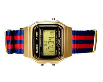 Custom Gold Casio Watch on Blue/Red Strap