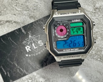 カスタム カシオ ワールドタイム ウォッチ、シルバー、ブラック