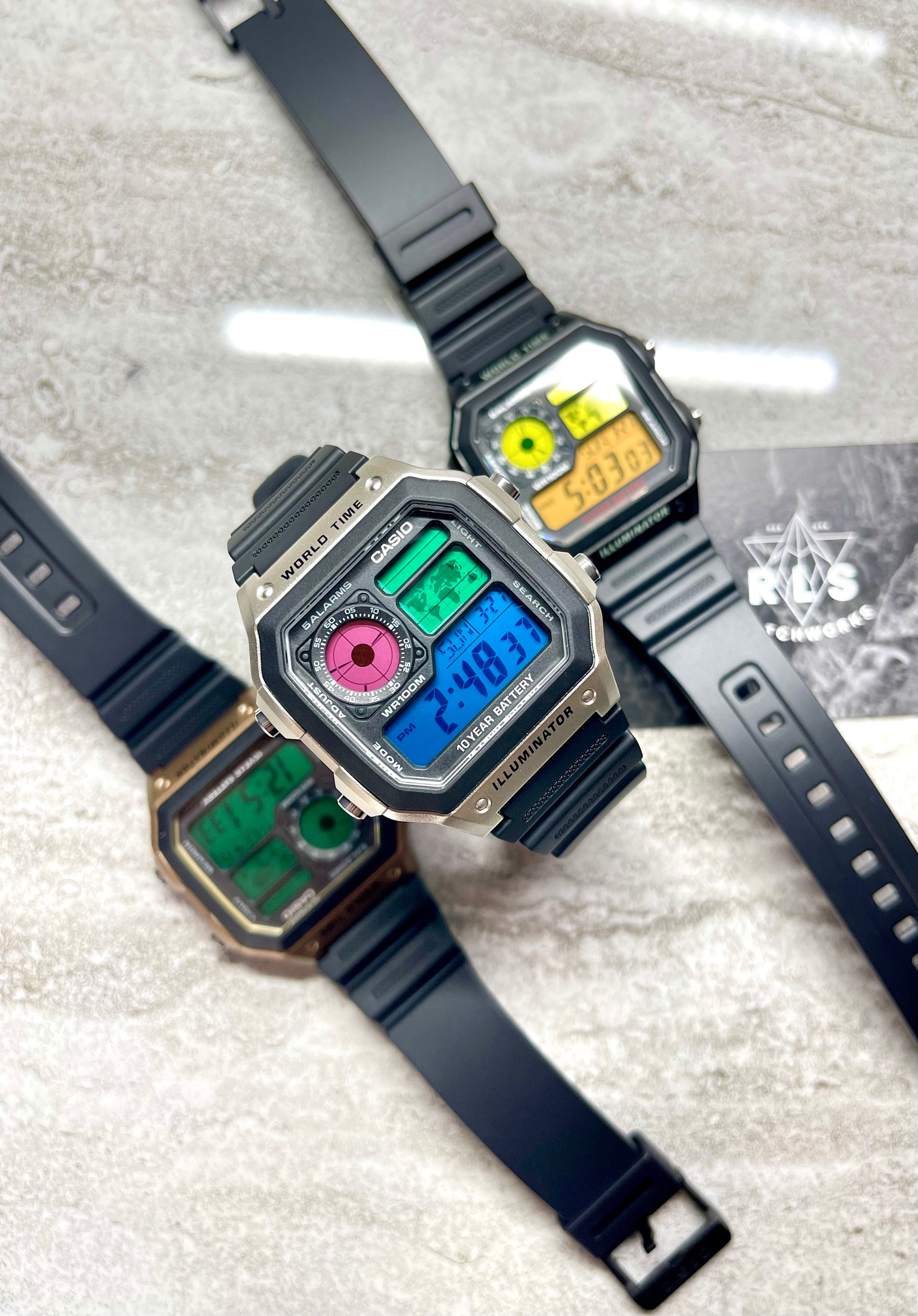 Casio World Time Watch With TWO Colour Screen Mod, Pick Your Own Colours,  AE-1200WHD-1AVEF 