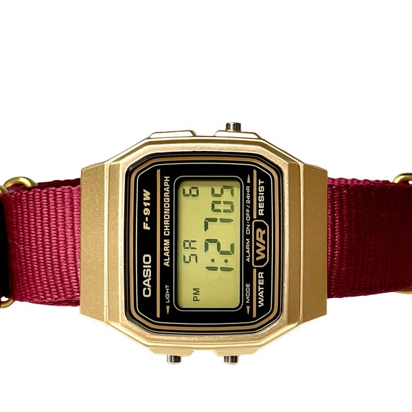 Custom Gold Casio Watch on Burgundy Strap