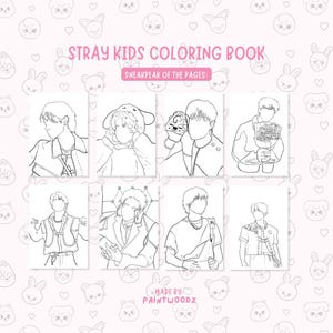 May include: A white coloring book titled "Stray Kids Coloring Book" with the text "Sneakpeak of the Pages" above eight black and white line drawings of people. The background is light pink with cartoon animal faces.