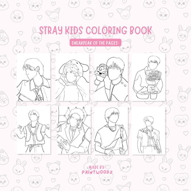 May include: A white coloring book titled "Stray Kids Coloring Book" with the text "Sneakpeak of the Pages" above eight black and white line drawings of people. The background is light pink with cartoon animal faces.