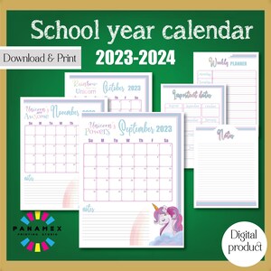 School Year Calendar Printable, PDF & Jpeg Digital Download 300DPI, Monthly Calendar, Weekly ...