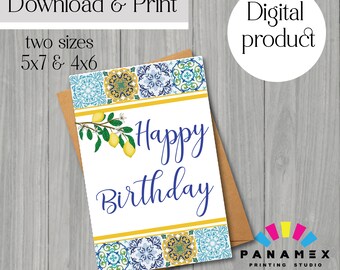 Portuguese tiles elegant birthday card printable, download and print
