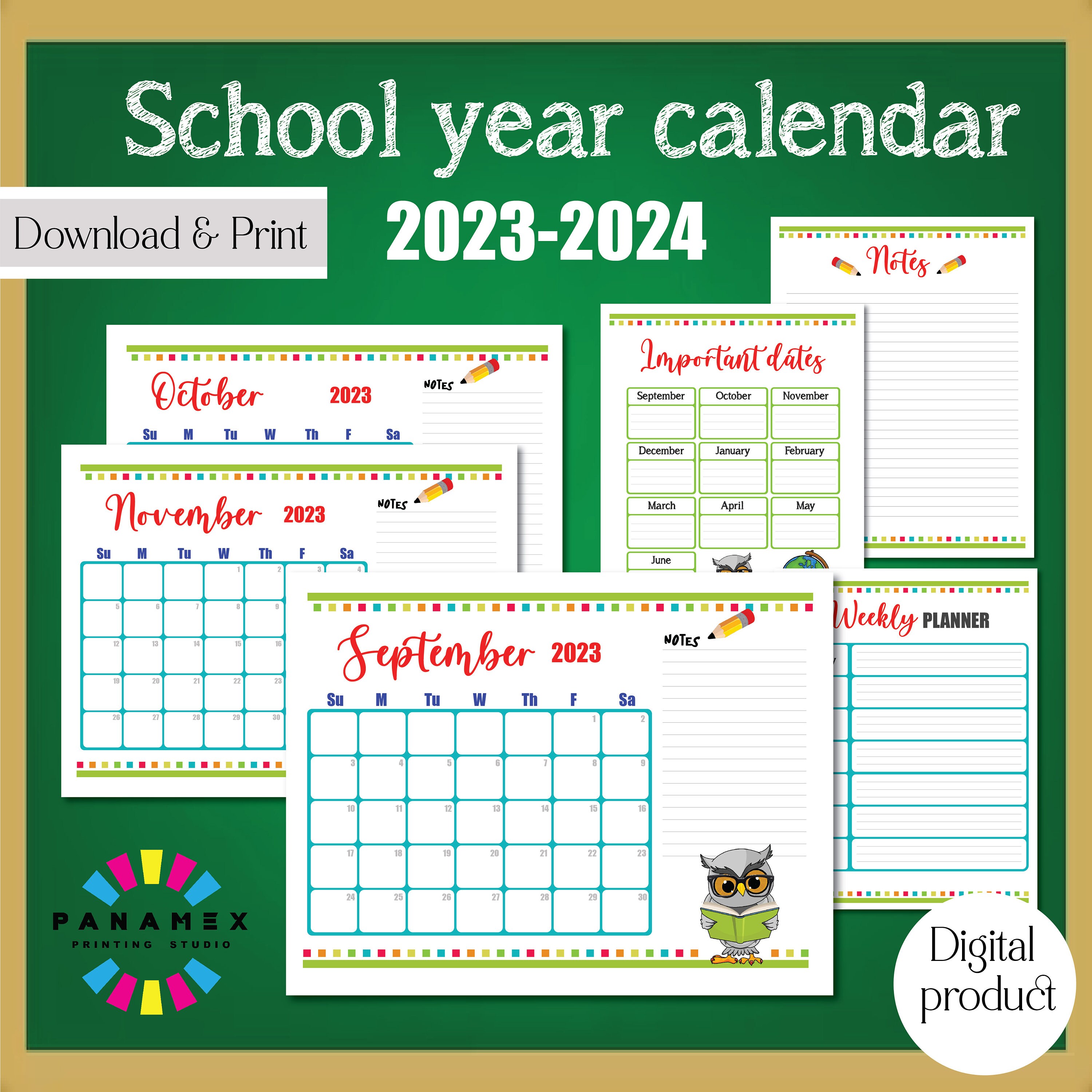 School Year Calendar Printable, Horizontal Version, PDF & Jpeg Digital ...
