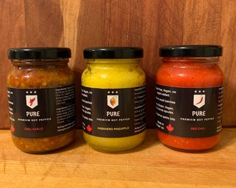 Our Famous Trio of Gluten-free Vegan NO sugars added HOT SAUCES