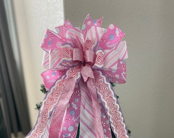 Pink Christmas tree bow, pink candy Christmas ribbon bow, pink Christmas tree topper, whimsical Christmas bow,