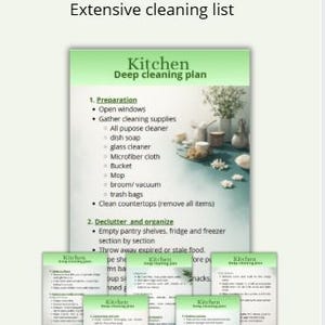 Puede incluir: Un plan de limpieza titulado "Kitchen Deep Clean" con una lista de limpieza detallada. El plan incluye pasos de preparación y organización. También se ven varios planes más pequeños.