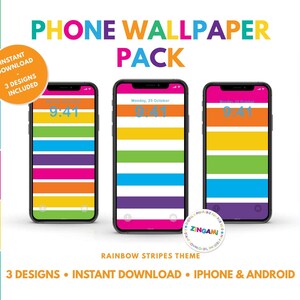 May include: Three smartphones displaying rainbow stripe wallpapers. The phones are black with colorful striped backgrounds in shades of red, orange, yellow, green, blue, and purple. The text "PHONE WALLPAPER PACK" is at the top, with "3 DESIGNS INCLUDED" and "INSTANT DOWNLOAD" in the image.