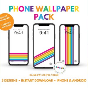 May include: Three smartphones displaying rainbow stripe-themed phone wallpapers. The screens show colorful stripes and diagonal lines in various designs. The text reads "PHONE WALLPAPER PACK" and "3 DESIGNS INCLUDED".