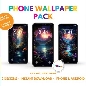 May include: Three smartphones displaying digital art wallpapers with a twilight oasis theme. The phones show a vibrant landscape with a sunset, water, and lush vegetation. Text includes "PHONE WALLPAPER PACK", "3 DESIGNS", and "INSTANT DOWNLOAD".