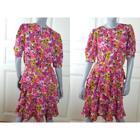 German Vintage Floral Geometric Cerise Pink Red Blue Purple Green Knee-Length Dress w Gold Buttons Size 10 US 90s Abstract Dress 14 UK