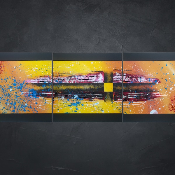 Original painting on canvas 120x40cm Acrylic, Abstract, Triptych, Yellow, Bronze, Ocher, Crimson Red, Blue - Arrakis