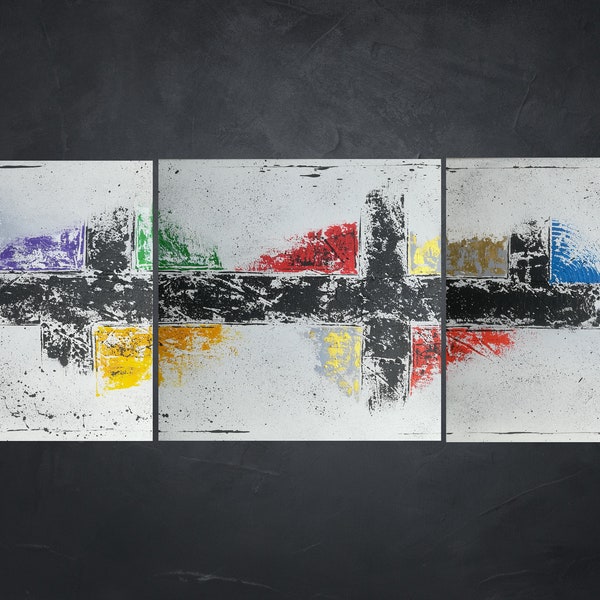 Original painting on canvas 120x40cm Acrylic, Abstract, Contemporary, Triptych, Texture, Black, White, Red, Blue, Yellow - One.2