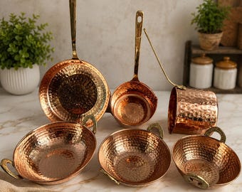 Handgemachte Gehämmertes Kupfer Kadai Kochen Pfanne Set 6 pic