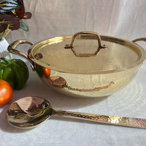 Traditional Pure Brass Cookware/ Kadai Brass Utensils/ Hammered Brass Cooking Pot/ Indian  Cookware ( Pital/ Kadhi with Lid) with spoon