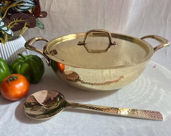 Hammered Brass Kadai with Lid & Spoon: Traditional Indian Cookware