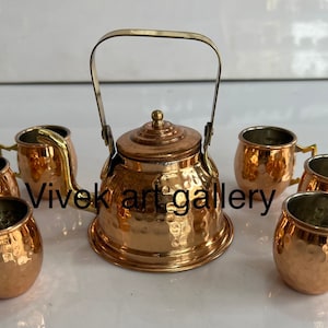 Indian Handmade Hammered Pure 100% Copper Tea Kettles 350 Ml shot mug 6 pic 40ml Water Home, Hotel  , bar office