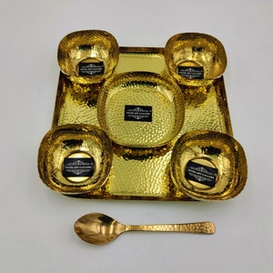 Handmade Hammered Vintage Pure 100%  Brass Serving Tray 7 Pcs Combo Set Including 4 Bowls,1 Serving Tray, 1 Sweet Plate , 1 Spoon . Gift Set