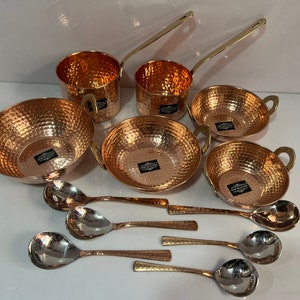 Handmade Hammered  Pure 100 % Copper  kadai Cooking Pan, sos pan Copper Use @ Home, Hotel ,Ayurveda Health 12 pic combo sat with spoon