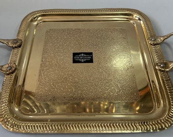 Plateau de service vintage en laiton avec poignées, motif gravé, 11 pouces