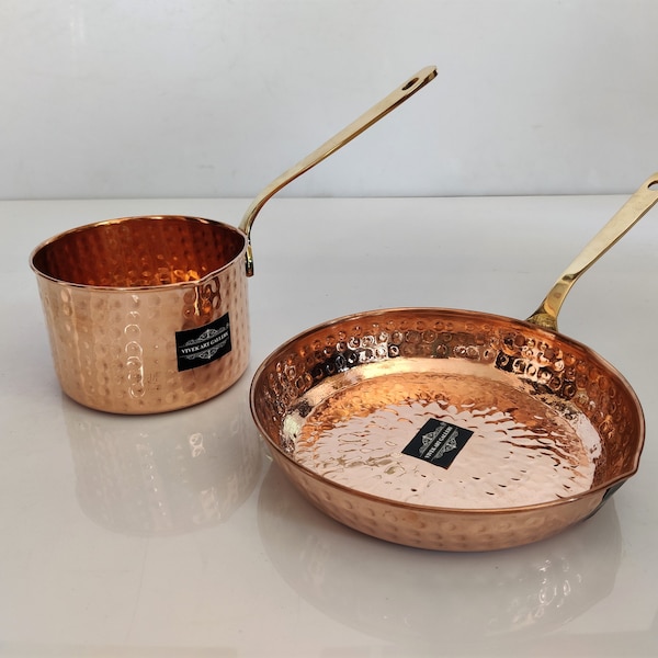 Handmade Hammered Copper Frying Pan and Saucepan Set