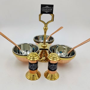 Beautiful Vintage Pickle Condiment Holder Server Complete 9 Pcs Combo Set. Antique Brass Condiment Holder And Beautiful Design Hammered Bowl