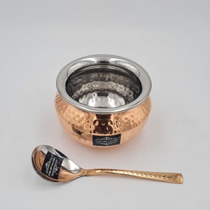 Handmade Hammered Vintage Copper Steel Cooking Pot, Multi Purpose Pot HANDI Serving POT With Serving Spoon Royal Look Pot, Cooking Pot.