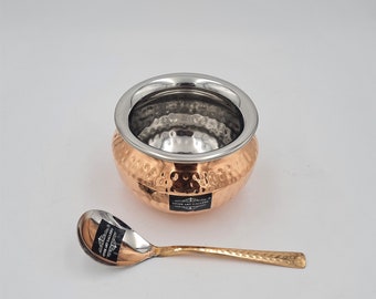 Handmade Hammered Copper Serving Pot with Spoon, 900ml