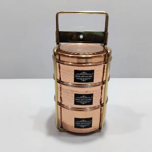 Handmade Stylish Hammered Pure 100% Copper And Brass Handle Lunch Box 3 Container, Handmade Lunch Box @ Home And Office, & Also Gift Set.